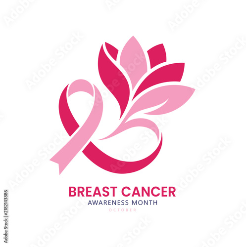 Breast cancer awareness month logo with pink ribbon and lotus flower