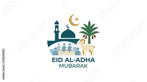 Eid Al-Adha Mubarak Islamic Holiday Celebration Scene with Mosque, Sheep, and People