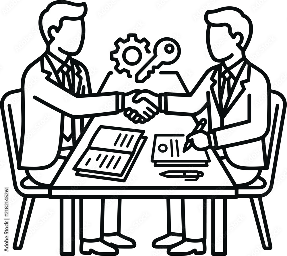 Fototapeta premium Businessmen shaking hands over deal with key and gears on table agreement concept