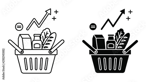 Rising inflation and grocery price growth vector icon with shopping basket and arrow
