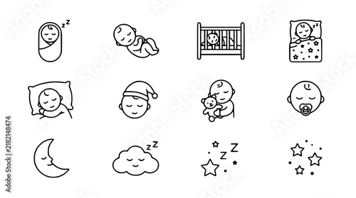 Bild auf Leinwand Minimalist Sleeping Baby Nursery Outline Line Icon Collection