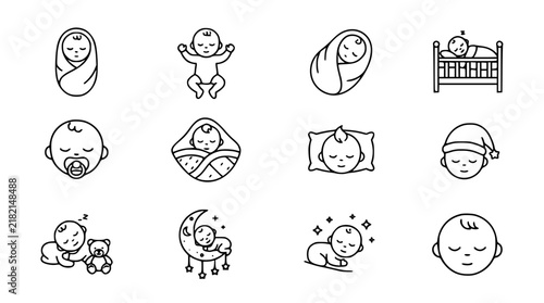 Foto Cute Sleeping Baby Outline Line Icon Vector Collection