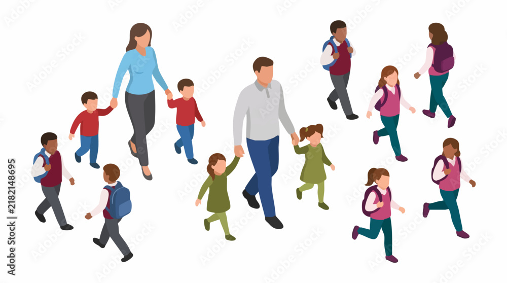 Obraz premium Isometric illustration of diverse parents and children walking together to school