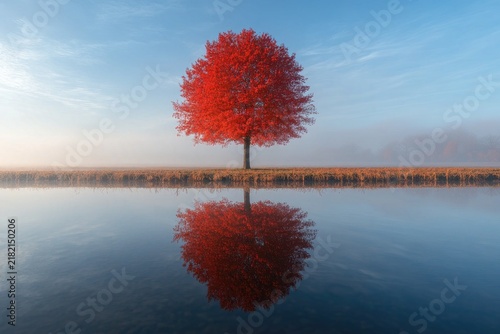 A vibrant red tree stands alone, mirrored perfectly in the calm water below. Use this as wallpaper or insert into designs needing serene nature scenes.