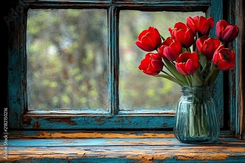 Red tulips in a glass jar are by an old blue window with nature views. Use for spring themes, cottagecore, or rustic decor projects.