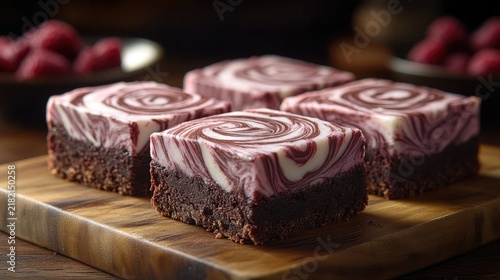 Delicious square brownies sit on a wooden board with raspberries. Use for blogs, ads, or dessert recipes to entice customers.