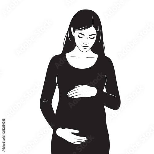 Black and White Flat Illustration of Pregnant Woman with Long Hair Standing Front Facing with Hands on Belly, Modern Maternity Concept Vector Illustration for Pregnancy and Motherhood Design