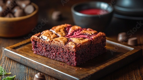 Delicious chocolate brownie with raspberries on a wooden board background. Use this sweet dessert image for bakery, cafe, or restaurant promotions.