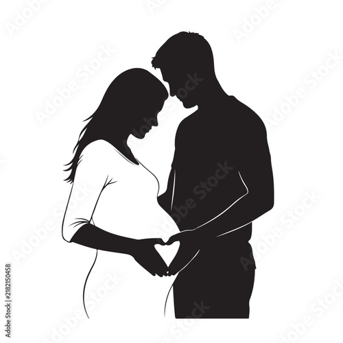 Black Silhouette of Loving Couple Standing Forehead to Forehead Holding Hands Together, Romantic Pregnancy Bonding Concept Vector Illustration for Love, Family, and Relationship Themed Designs
