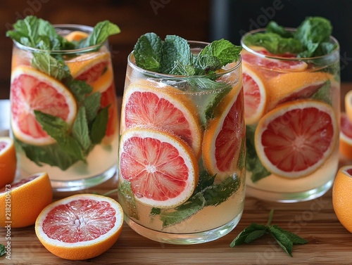 Grapefruit slices and mint leaves in glasses filled with cold, sparkling water. Use this refreshing image for summer drinks and healthy living blog posts.