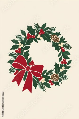A wreath with a bow, flat vector illustration, classic deep green, cranberry red and cream