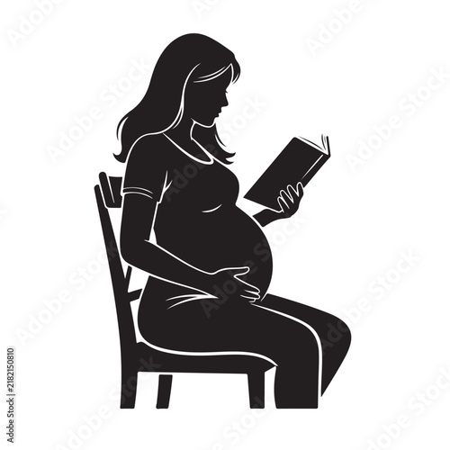 Black Silhouette of Pregnant Woman Sitting on Chair Reading a Book with Focus, Calm Maternity Concept Vector Illustration for Pregnancy, Education, and Motherhood Themed Designs