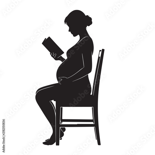 Black Silhouette of Pregnant Woman Sitting on Chair Reading a Book in Side Profile, Peaceful Maternity Concept Vector Illustration for Pregnancy, Reading, and Motherhood Themed Designs