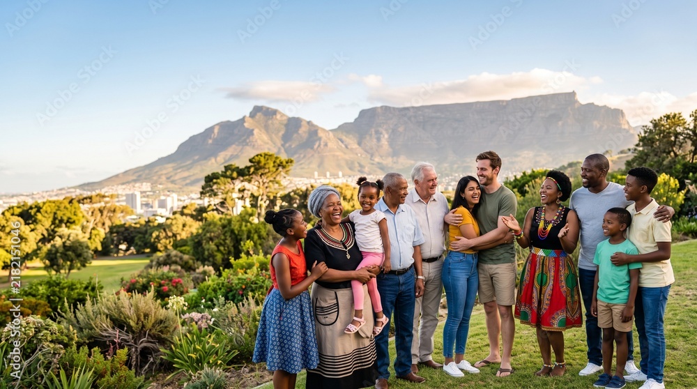 Obraz premium A diverse multi-generational South African family smiling together outdoors in a park with Table Mountain in the background