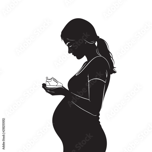 Black Silhouette of Pregnant Woman Standing in Side Profile Holding a Small Bowl in Her Hands, Nurturing Maternity Concept Vector Illustration for Pregnancy, Motherhood, and Care Themed Designs