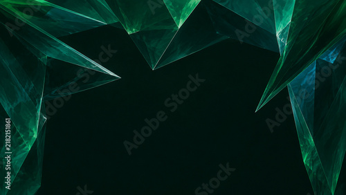 Luxury dark green background with raw emerald crystal facets framing center copy space. generated by AI.