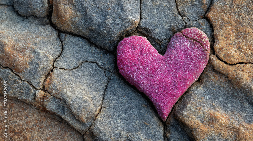 Obraz premium Pink glitter heart shape embedded in rough textured grey stone background