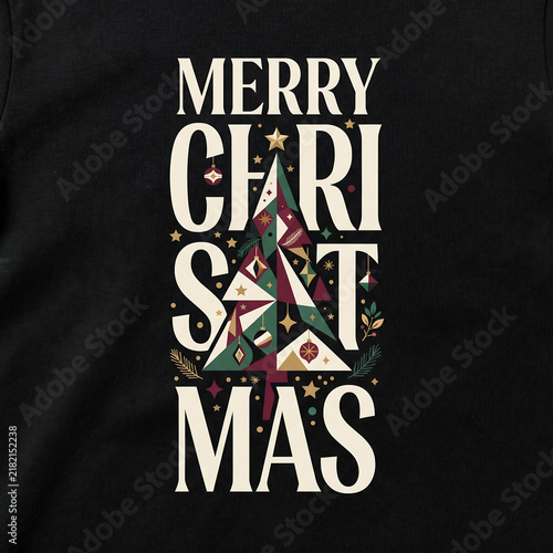 A festive merry christmas typography design featuring a geometric stylized evergreen pine tree illustration integrated into the text on a solid black fabric background texture