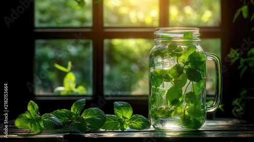 Mason jar water with fresh mint by window, sun. Use it for health, wellness, drinks, summer themes.