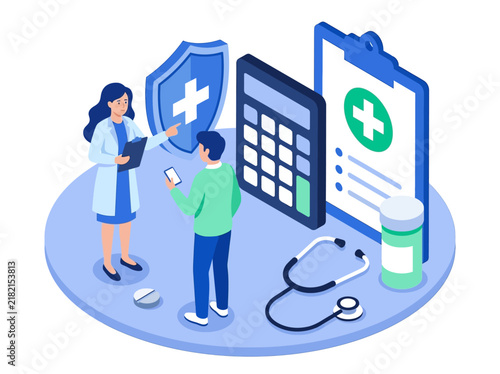 Isometric Health Insurance and Medical Cost Calculation Concept with Doctor and Patient
