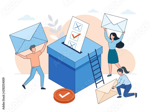 Diverse people casting mail-in ballots into a large blue voting box. Flat vector illustration of election process and democratic participation.