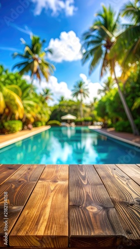 A vibrant tropical poolside scene with palm trees and a wooden table in the foreground.
