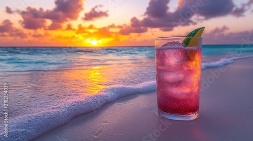 Pink cocktail on beach with lime at sunset, vivid colors and ocean waves. Perfect for vacation, travel ads, or summer-themed social media posts.