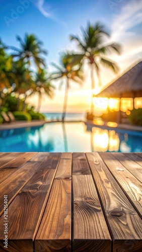 A tranquil poolside scene at sunset with palm trees and a wooden deck in the foreground.
