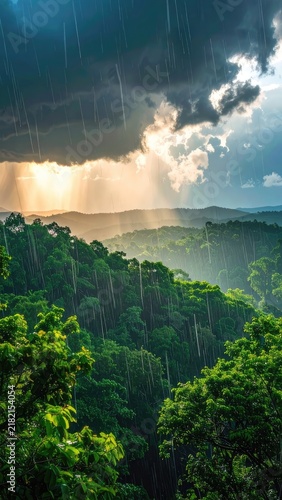 A dramatic storm passes over a lush, green forest with sunbeams breaking through the clouds.