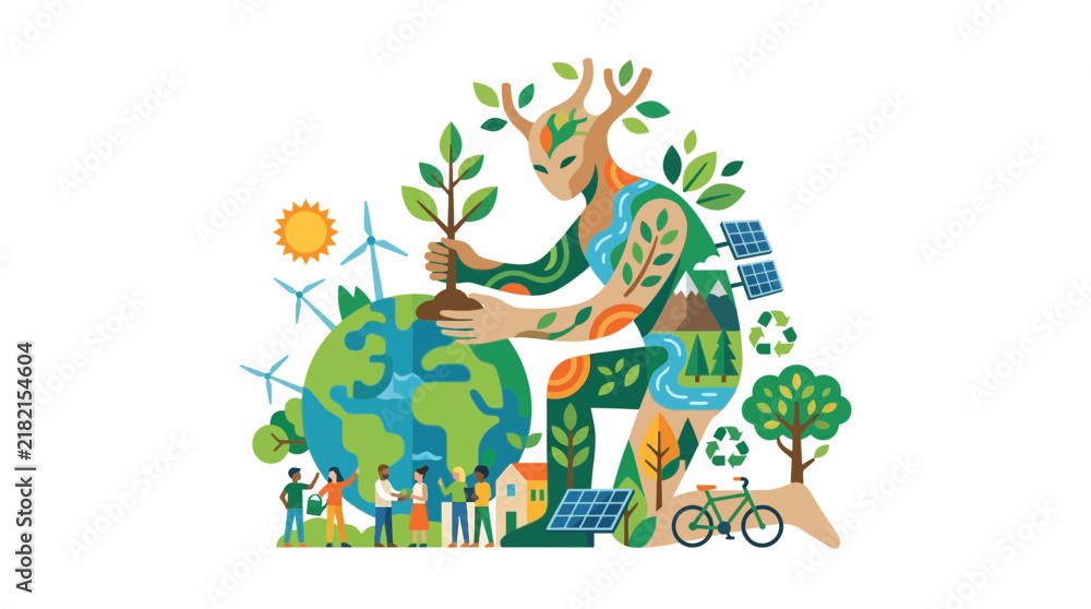 Fototapeta premium Eco Giant Plant Tree On Earth, Green Energy, Sustainable Future Concept