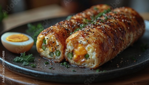 Golden pastry rolls filled with egg, cheese and green asparagus. Use to illustrate a gourmet breakfast or brunch recipe idea.
