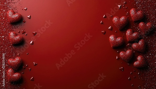 Red hearts with scattered gems on a matching red background. Use for Valentine's Day or other loving occasions' creative projects.