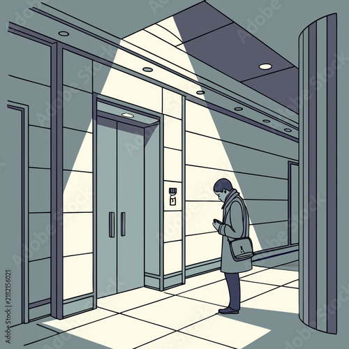 Person standing alone in a modern office hallway waiting for an elevator with office building