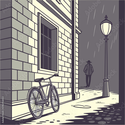 Lone man walking under a streetlamp in the rain by a parked bicycle near brick walls