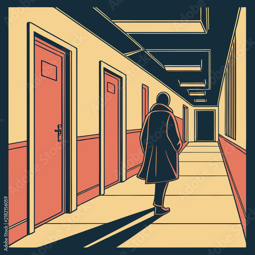 Person walking down a long office corridor with red doors in a modern building interior