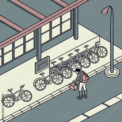 Isometric illustration of a cyclist locking a bike at an outdoor rack in the city at night