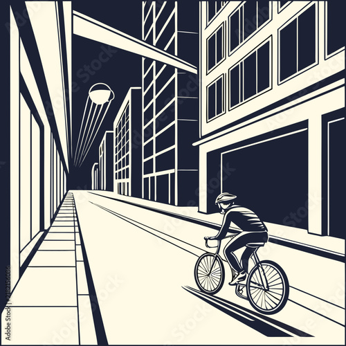 Cyclist riding a bike on a city street between large office buildings at night with urban planni