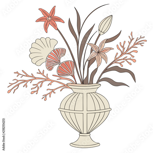 Floral vase arrangement with flowers coral and seashells botanical decor marine theme