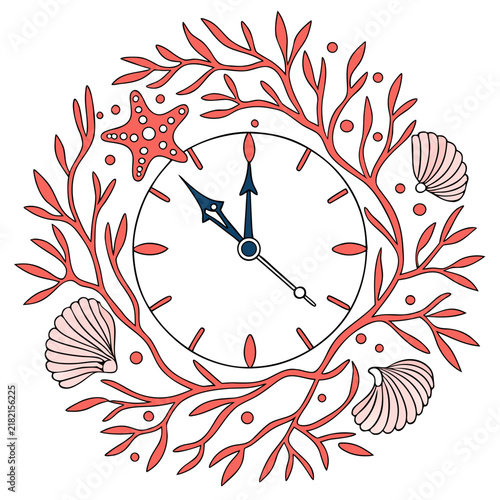 Simple nautical clock face framed by stylized coral and seashells with ocean decor