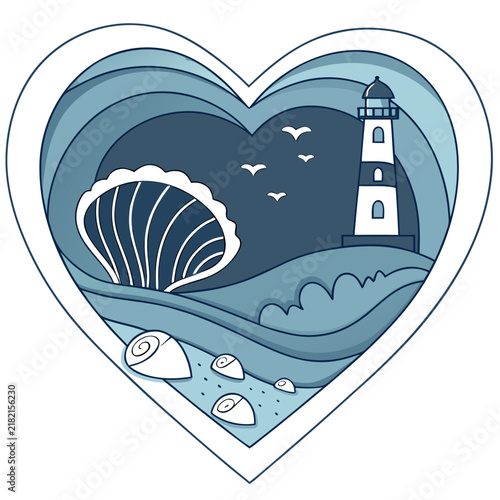 Heart shaped layer art style coastal lighthouse illustration with heart shape