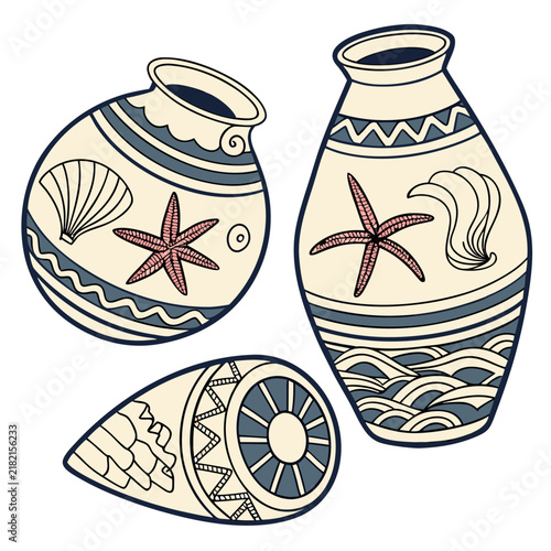 Set of three decorative ceramic vases with nautical patterns ocean waves home decor sea life