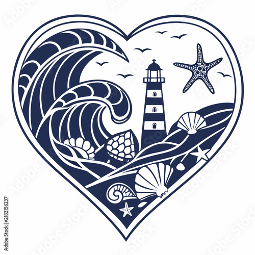 Heart shaped nautical illustration with lighthouse waves and starfish heart shape ocean waves