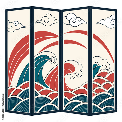 Four panel folding screen with vintage japanese style ocean wave art room divider ocean waves