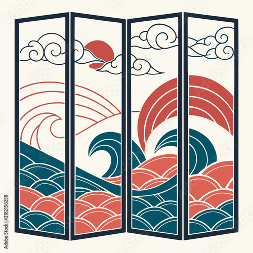 Japanese style room divider screen with ocean waves and sunrise illustration