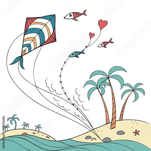Colorful striped kite flying over a tropical beach with palm trees and fish