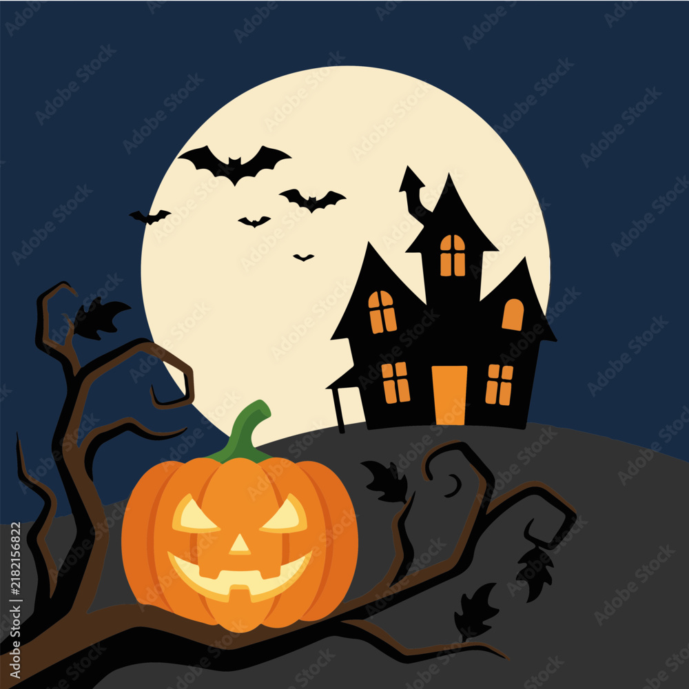 Fototapeta premium Spooky Halloween background with a haunted house silhouette and a carved jack o lantern under a full moon.