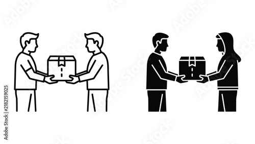 Bild auf Leinwand Two people exchanging cardboard box package delivery or handoff vector icon set
