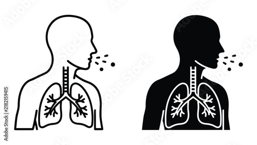 Human respiratory system and cough icon set in outline and solid vector format