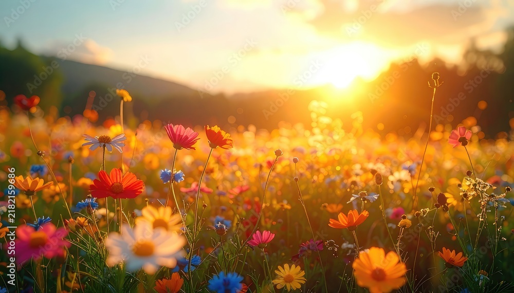 Obraz premium A vibrant field of wildflowers bathed in the warm glow of the setting sun.