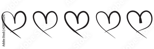 Hand drawn black heart icons set featuring various artistic styles for romantic design projects and art